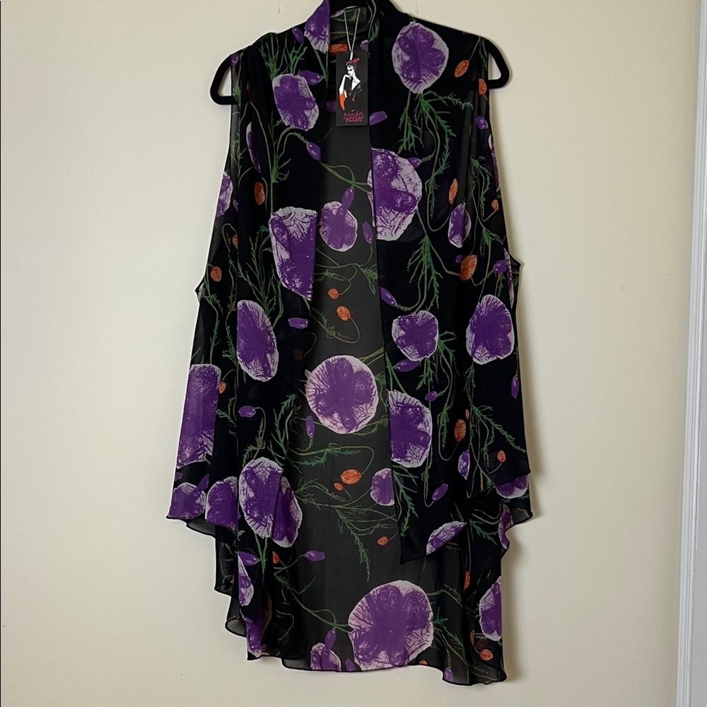 Floral Sleeveless Kimono with Purple and Black Design semi sheer open front O/S